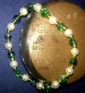 Bracelet - Green Glass Crackle - Gold - Pearl